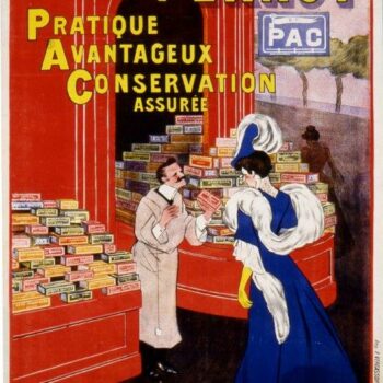 Leonetto Cappiello, 1906 / Chromolithographie sur papier / Don de la Société des amis des musées de Dijon © Musée de la Vie Bourguignonne, Dijon/François Perrodin Installées à Dijon de 1869 à 1974, les usines Pernot proposent divers types de pâtisseries sèches. Comprenant que la publicité accompagne le succès commercial, l'entreprise fait ici appel à Leonetto Cappiello, considéré comme l'un des précurseurs de l'affiche moderne. Au premier plan, une femme en robe bleu éclatant, parée de plumes, échange avec un vendeur de biscuits devant sa boutique. Sur les étals, de très nombreux paquets de biscuits amoncelés. Cette image simple met en avant le nouvel emballage de biscuits, à travers le slogan « PAC : Pratique, Avantageux, Conservation assurée ». Si dans d’autres affiches de la marque présente dans les collections du musée de la Vie bourguignonne, c’est le type de biscuit qui est mis en avant, ici c’est son contenant. La marque montre alors l’ampleur de sa manufacture, qui passé de petite maison familiale à usine, distribue largement ses produits.