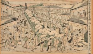Kitagawa Utamaro, Vue de Yoshiwara, Vue de la 5ème avenue du nouveau Yoshiwara, au soir, après 1806.