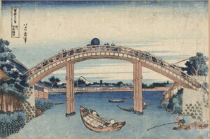 Hokusai, (fin 18e siècle et 1ère moitié du 19e siècle). Le Mont Fuji vu à travers le pont de Mannen à Fukagawa, (36 vues Mont Fuji), Strasbourg.
